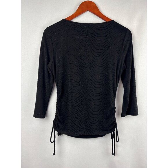 Women’s A. Byer Size Large Black Long Sleeve Sparkly Zebra Print Shirt - Picture 6 of 6